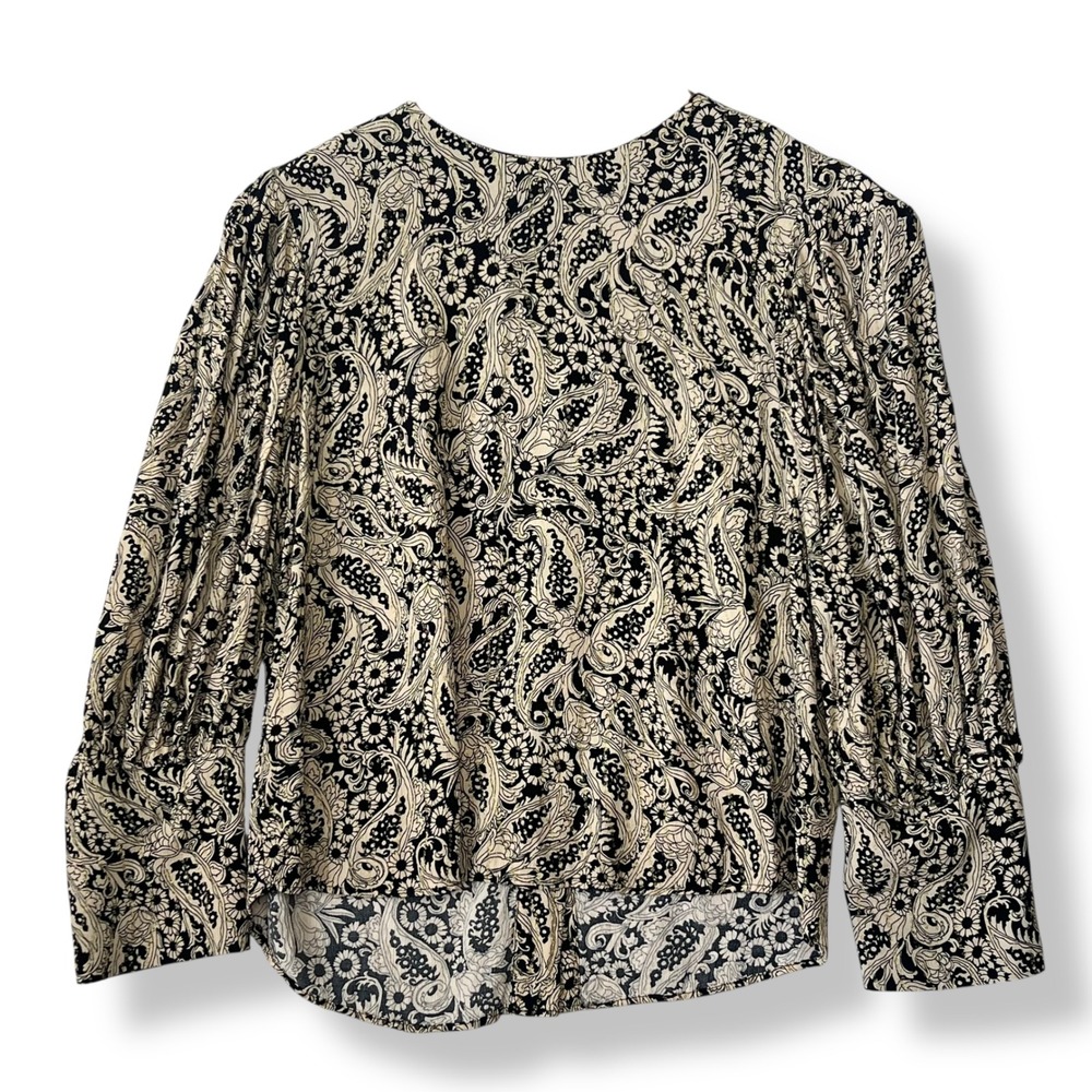 Zara Woman L Blouse Paisley Metallic Gold Button Back Pleated Sleeve Black Tan